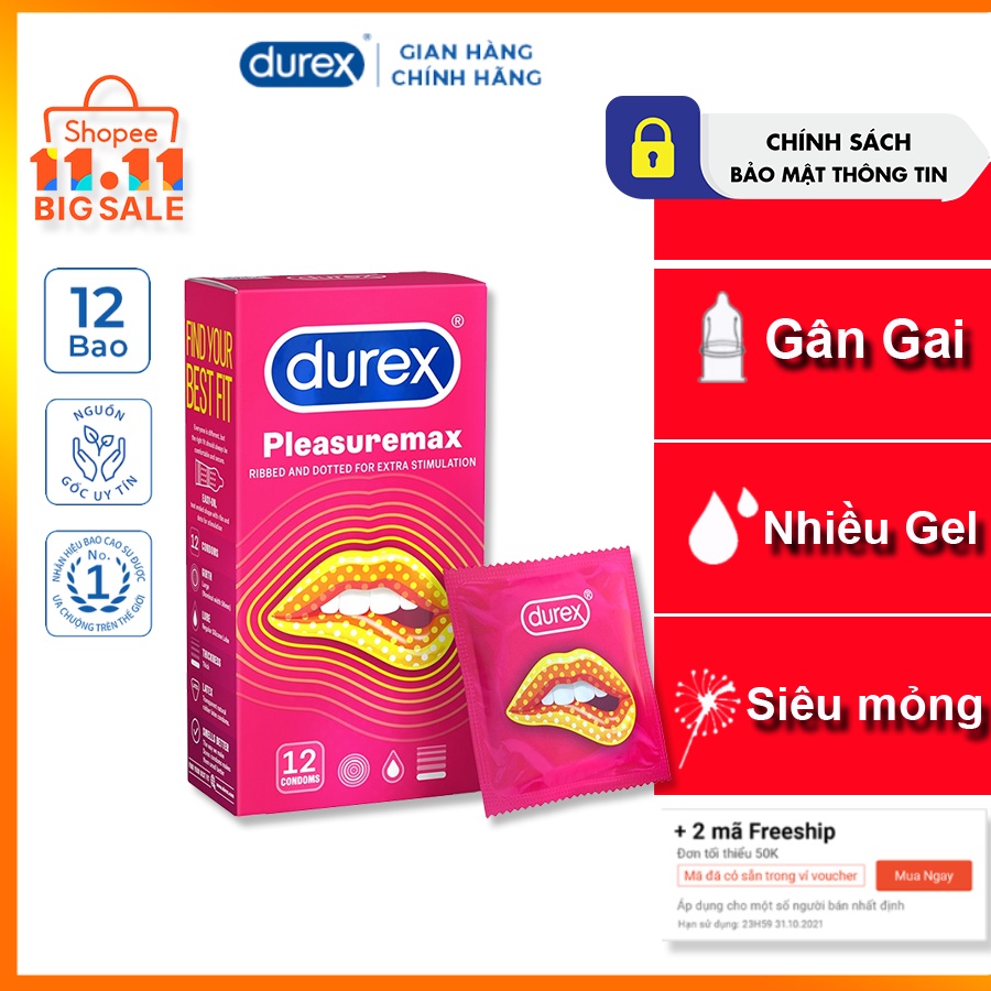 Bao cao su gân gai Durex Pleasuremax 12 bao, gai đều nhiều gel,an toàn + Tặng kèm hộp 3 bao cùng loại.