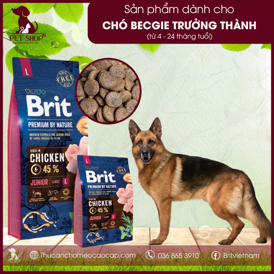 [VỊ THỊT GÀ TƯƠI BAO 15KG]Thức Ăn Cho Chó Becgie Giai Đoạn Từ 4 Đến 24 Tháng Tuổi Brit Premium by Nature Junior L