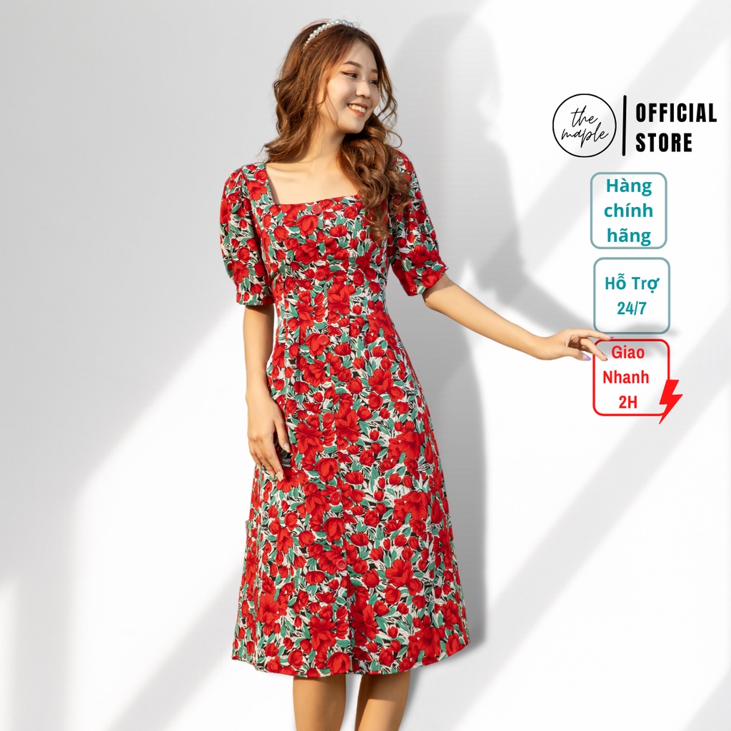Đầm công sở cổ vuông tay lỡ hoa hồng THE MAPLE Size L