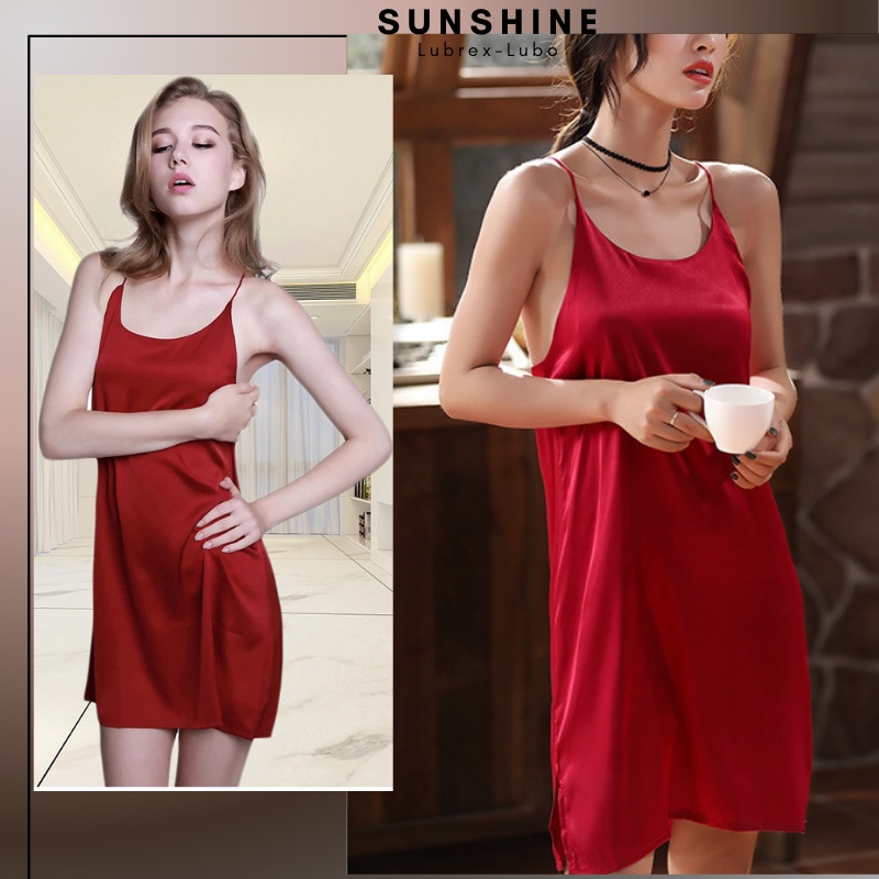 Váy ngủ hai dây lụa satin sexy cao cấp Đầm mặc nhà gợi cảm quyến rũ hở lưng dây chéo lưng SUNSHINE LUBREXLUBO-COTRON