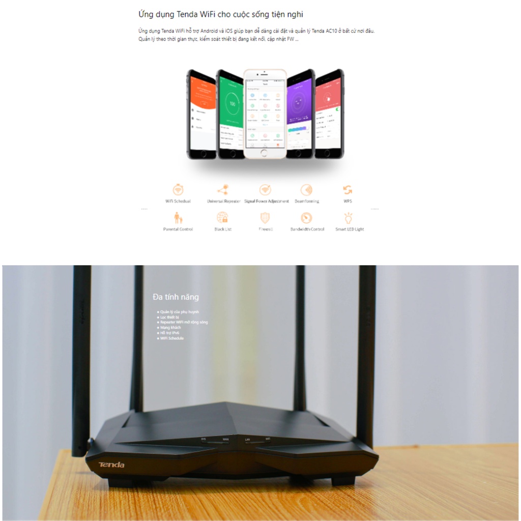 Tenda AC10 Thiết Bị Phát Wifi AC1200M Công Gigabit Băng Tần Kép 2.4G và 5G