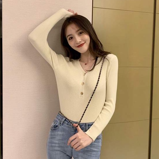 Áo Dệt Kim Nữ Tay Dài Cổ Chữ V Màu Sắc Thanh Lịch