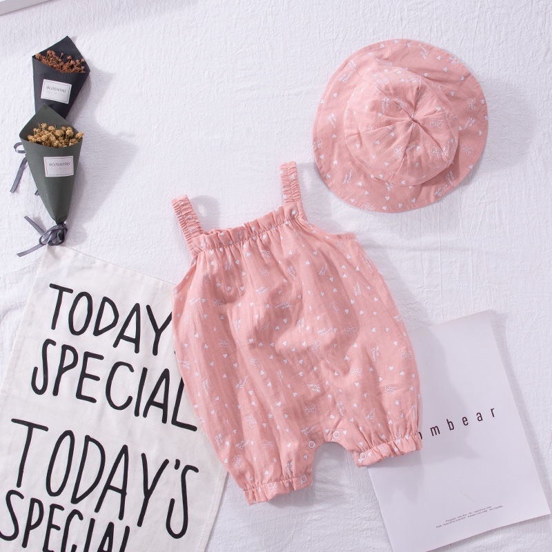 Bộ Áo Liền Quần Không Tay Kèm Mũ In Hoa Thời Trang Mùa Hè Cho Bé