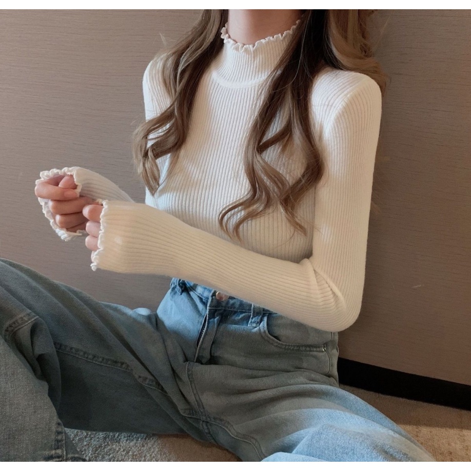 Áo dệt kim tay dài cổ cao dáng ôm thời trang xinh xắn cho nữ
