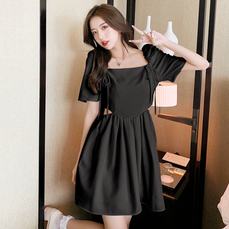 Đầm Chữ A Cổ Vuông Eo Cao Thắt Nơ Phong Cách Pháp Thời Trang Cho Nữ