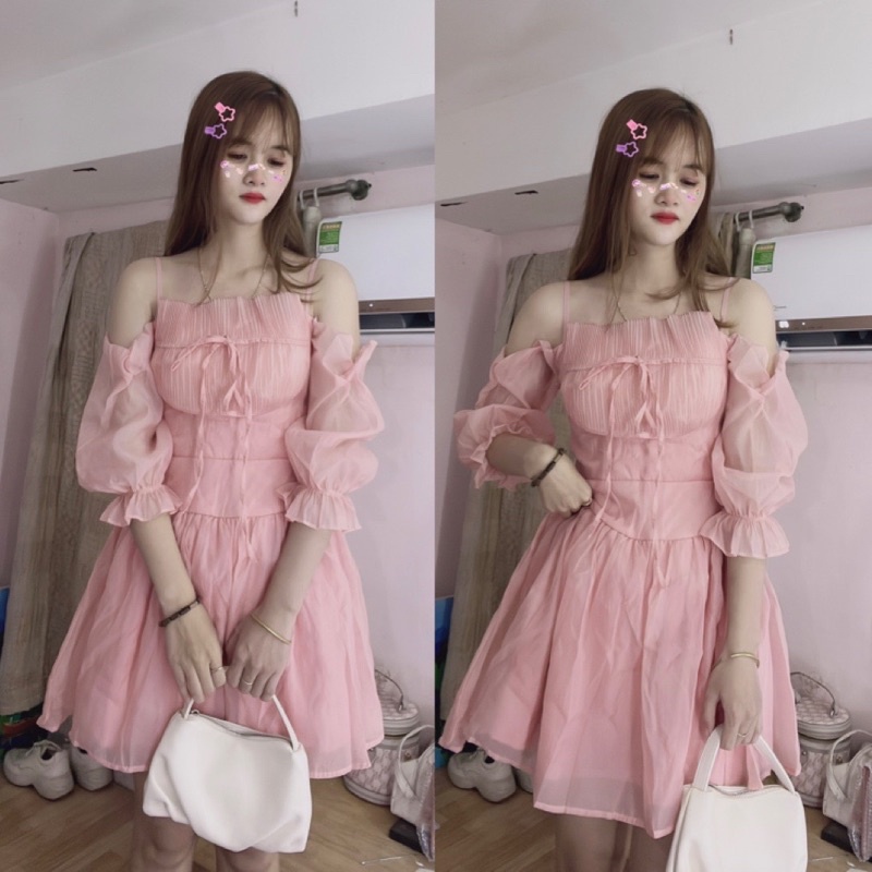 Đầm hai dây tay phồng phối voan rớt