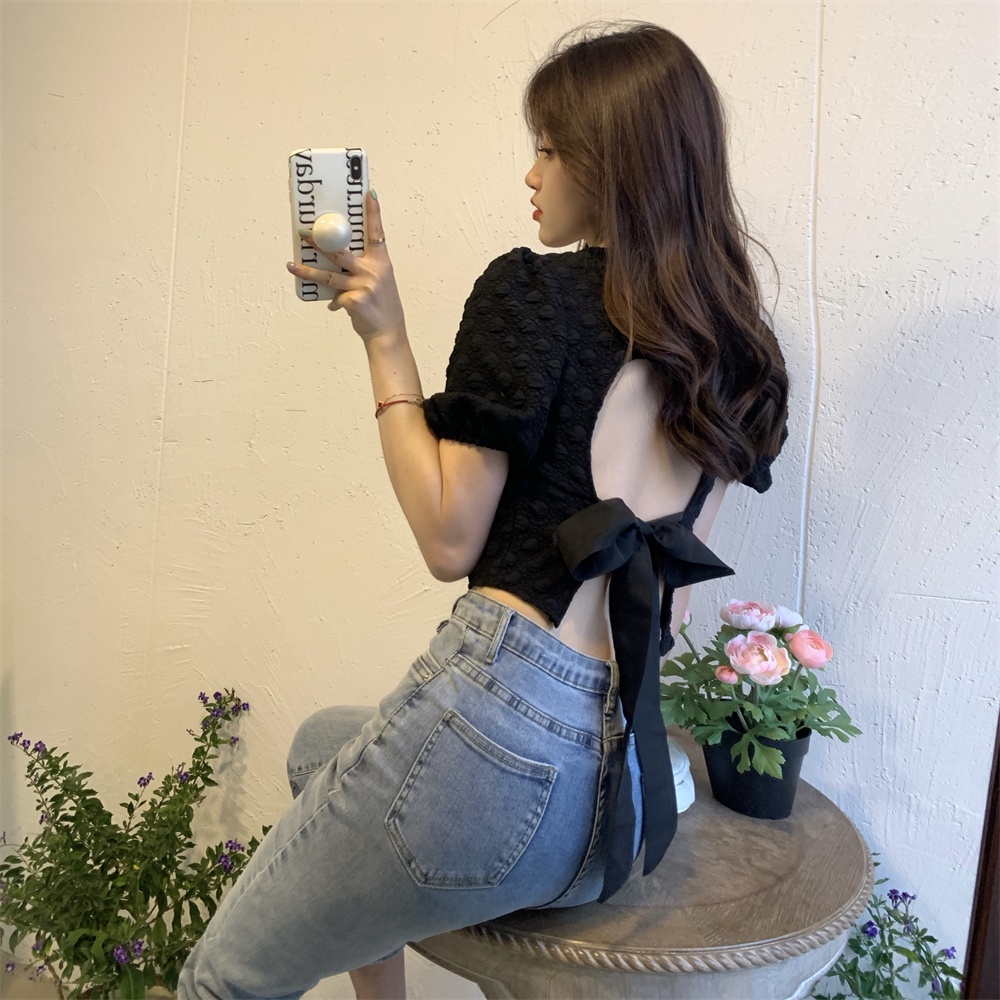 Áo croptop XIAOZHAINV tay phồng hở lưng thắt nơ phong cách Hàn Quốc gợi cảm cho nữ