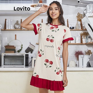 113XJ 26deĐầm ngủ Lovito viền xếp nếp in họa tiết quả cherry ngọt ngào L02056 (Màu đỏ)