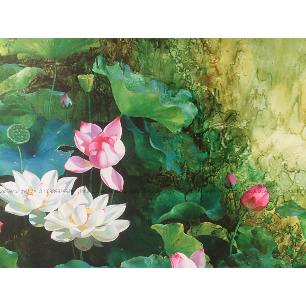 Tranh Hoa Sen kt: 60x90cm - chất liệu canvas,đủ khung và đinh treo, mẫu mã tùy chọn