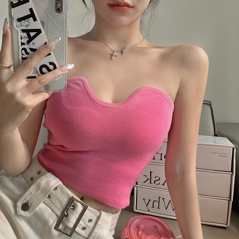 Kumikumi HUANG YOYO Áo Ống Ngắn Dệt Kim Phong Cách Hàn Quốc Thời Trang Dành Cho Nữ croptop không dây áo lót nữ