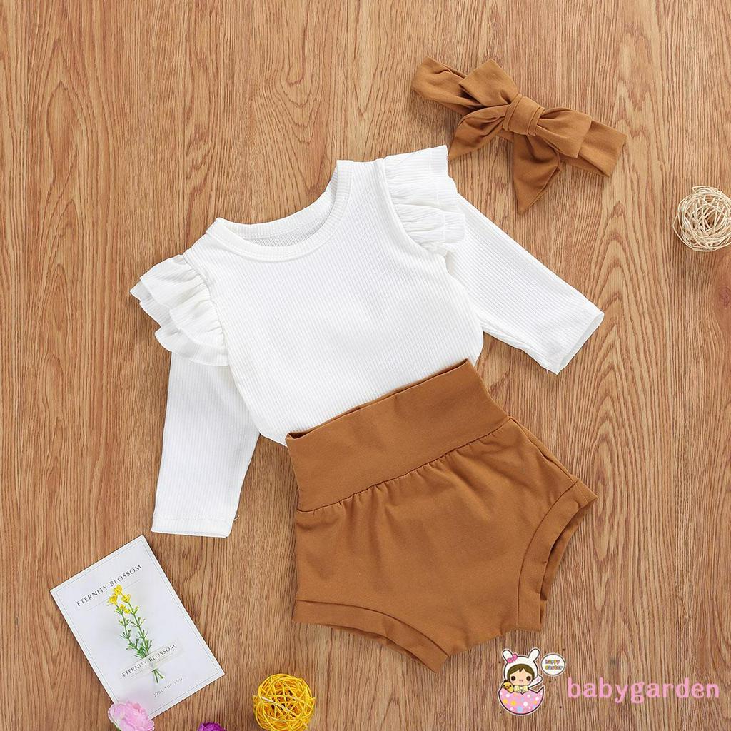 Bộ 3 Cái Gồm Áo Dài Tay Màu Trơn + Quần Short + Băng Buộc Đầu Cho Bé Gái