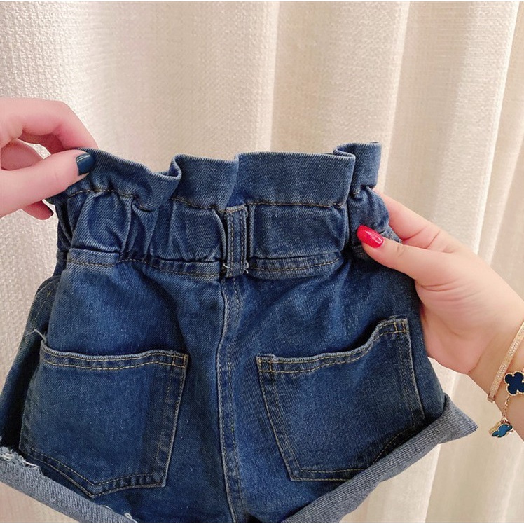 Quần bò cho bé, Quần jeans ngắn phối cạp nhún 2 cúc khóa cực điệu cho bé gái chất mềm đẹp phong cách Hàn Quốc