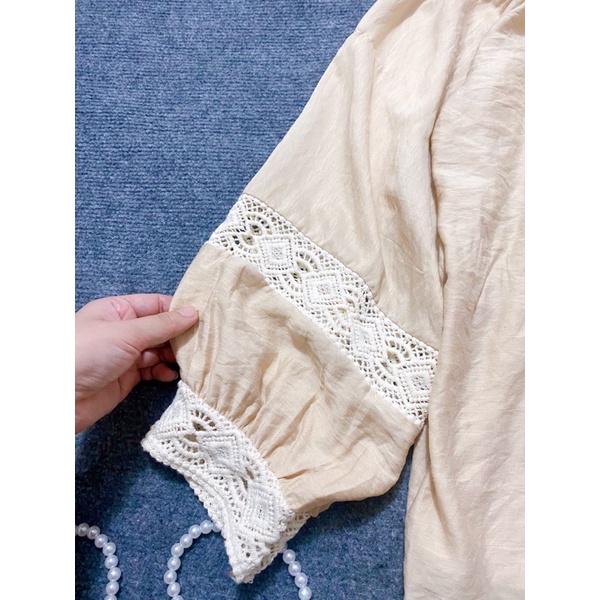 Set Babydoll Ren Phối Short Nâu L.YStore Nữ 🌸Bộ áo sơ mi dài tay phồng vintage kèm quần sooc ống rộng Ulzzang🌸