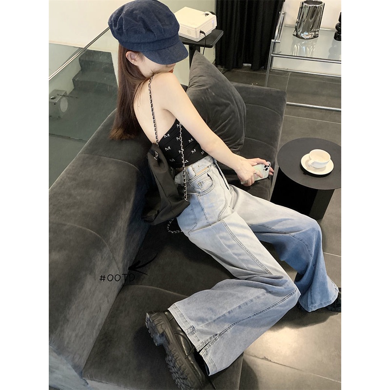 Quần Jean Dài Lưng Cao Ống Rộng Xẻ Tà Màu Gradient Thời Trang Mùa Hè Kiểu Mới Cho Bạn Gái