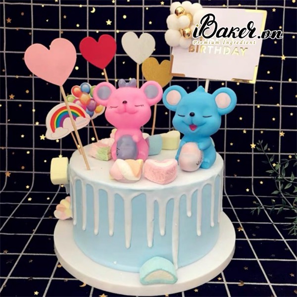 Cặp đôi chuột xanh hồng trang trí bánh kem