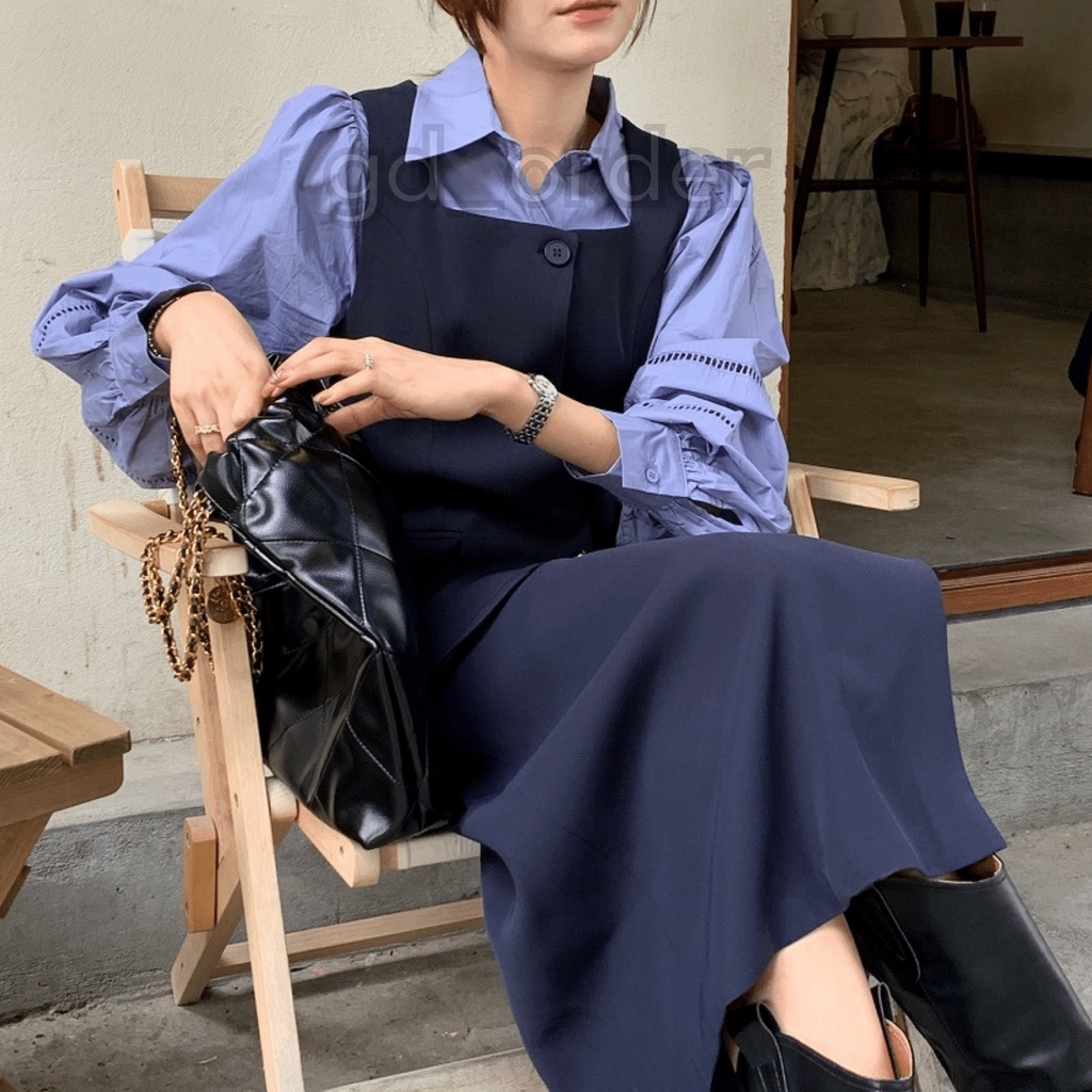 B71|Set bộ blazer nữ áo gile khoác croptop, váy cạp cao bút chì dài rộng xẻ tà gd_order
