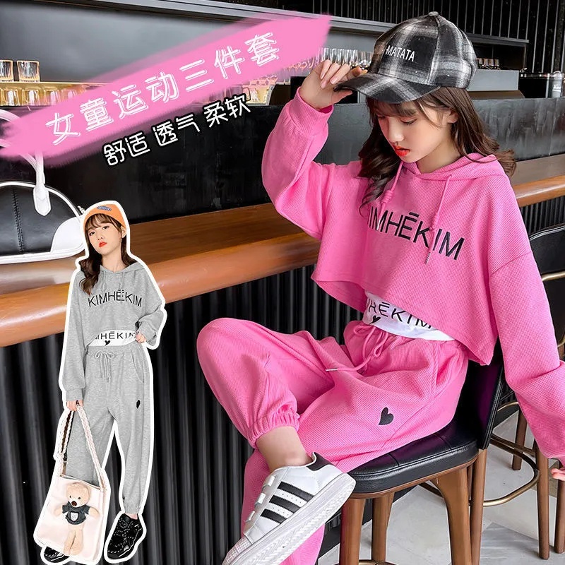 Bộ Trang Phục Thể Thao 3 Món Áo Thun In Chữ + Quần Jeans Ống Rộng Thời Trang Xuân Thu Cho Bé Gái 4-12 Tuổi