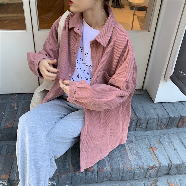 Áo Sơ Mi Nhung Gân Tăm Phong Cách Retro Hàn Quốc Form Rộng Unisex Nam Nữ Ulzzang