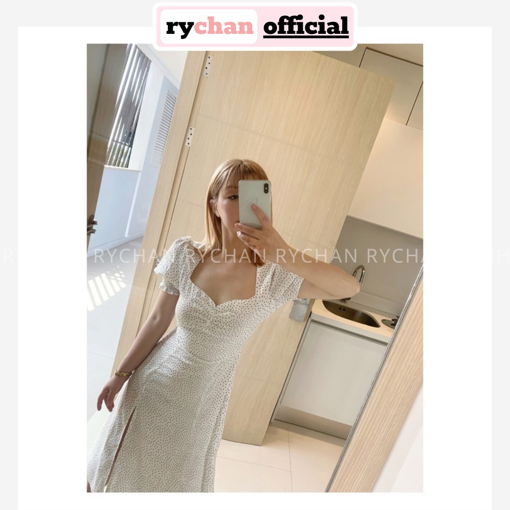 Đầm Đi Biển Mùa Hè Pháp Retro Chấm Bi Nhí Nhún Ngực Xẻ Tà Trước (Hàng 2 Lớp) - DX810