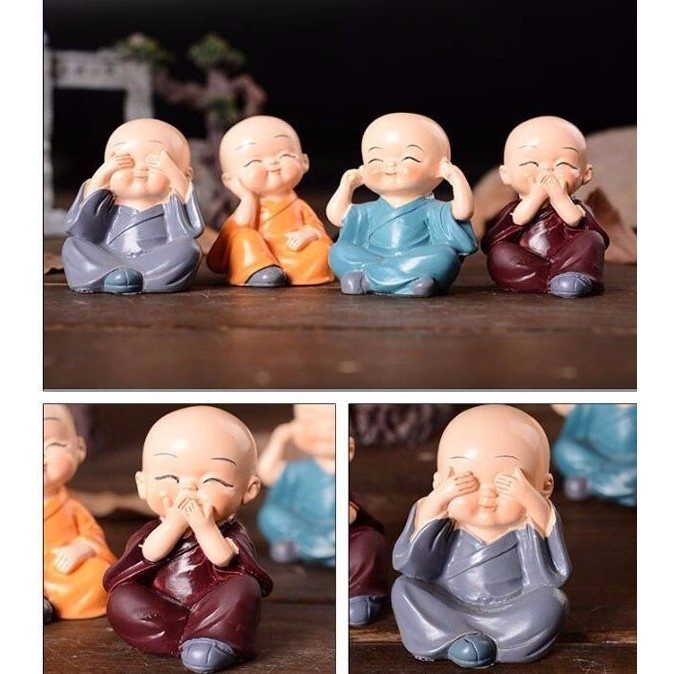 Bộ Tượng Chú Tiểu Hòa Thượng Tứ Không - Phật Phong Thủy Mini 4 Tư Thế, Trang Trí Xe Hơi, Để Bàn làm việc