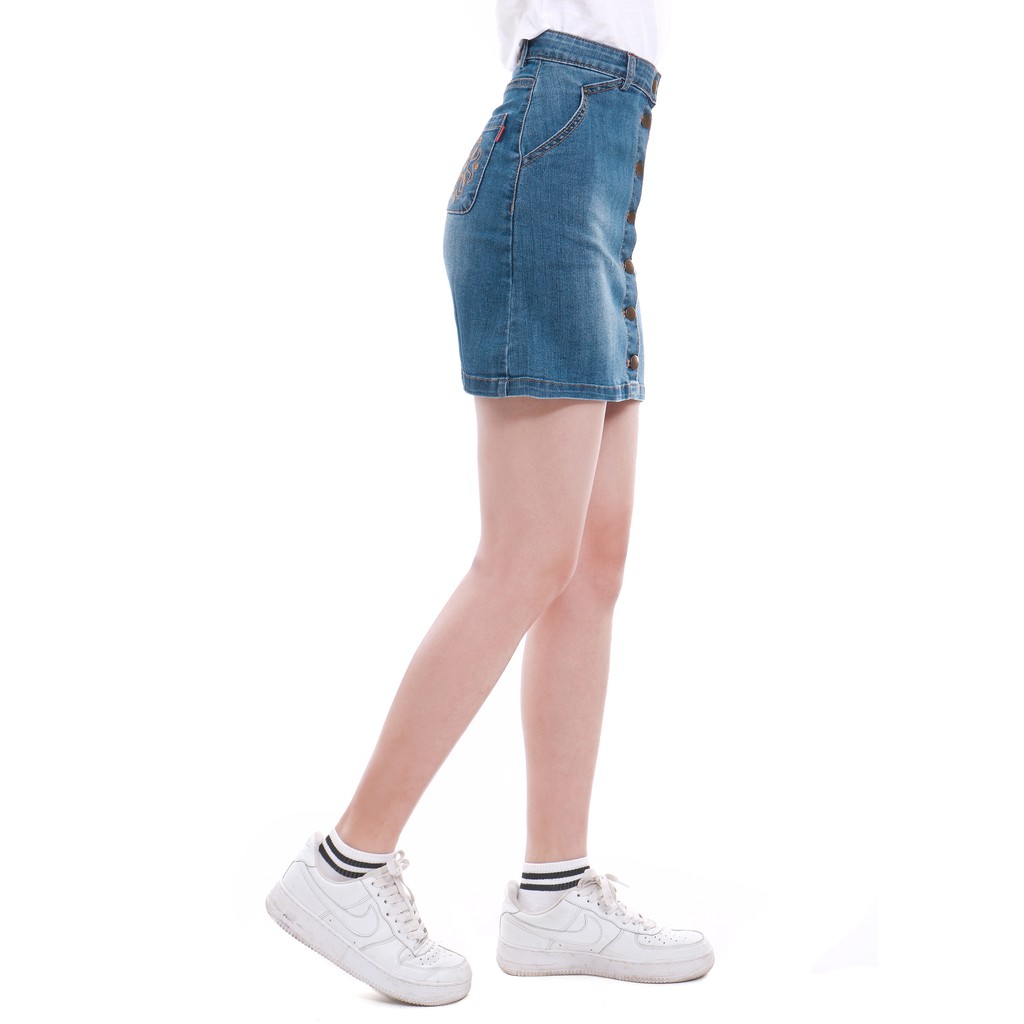 Chân váy bò nữ Narsis B7012 xước xanh cúc đồng, thiết kế trẻ trung
