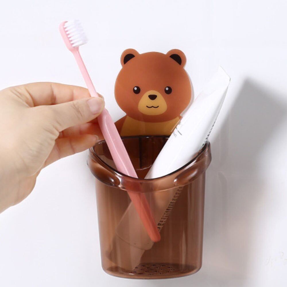 Cốc Gấu Dán Tường Để Bàn Chải Đánh Răng Hình Gấu Có Lỗ Thoát Nước Tiện Lợi