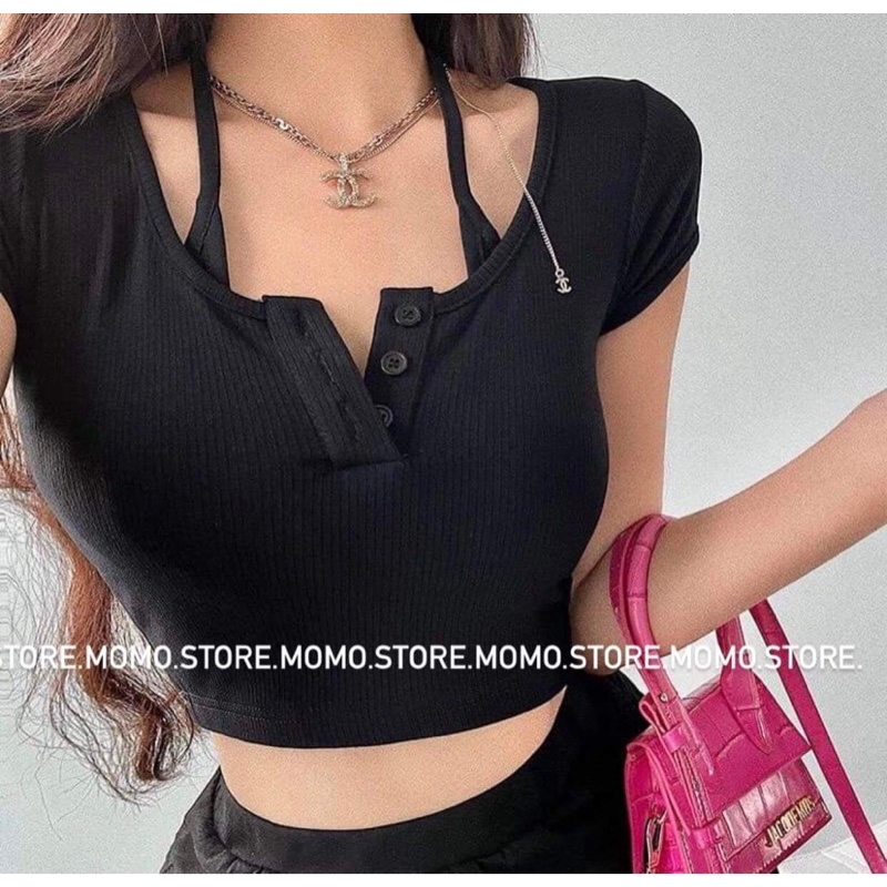 Áo croptop cổ yếm vạt bầu chất len tăm dầy dặn