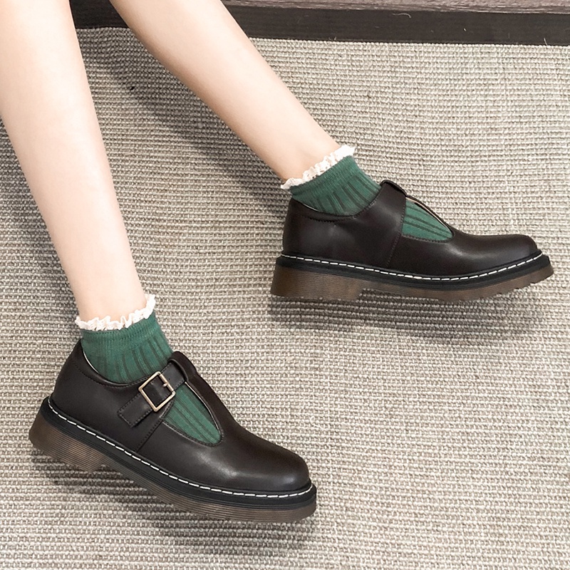 Giày Da Đế Dày Phong Cách Retro Mới Cho Nữ Cỡ 35-42