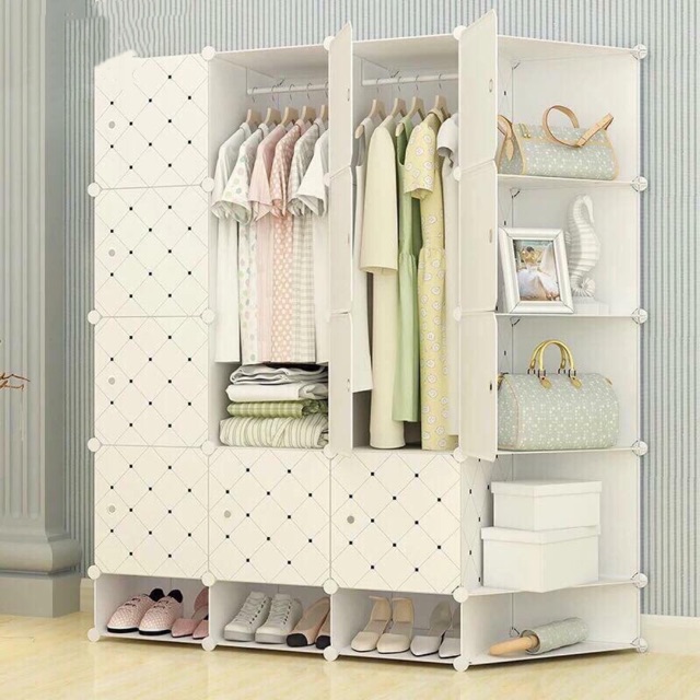 Tủ nhựa lắp ghép bibi-home 12 ô và 3 ô giày dép cùng 5 ô tam giác trắng caro