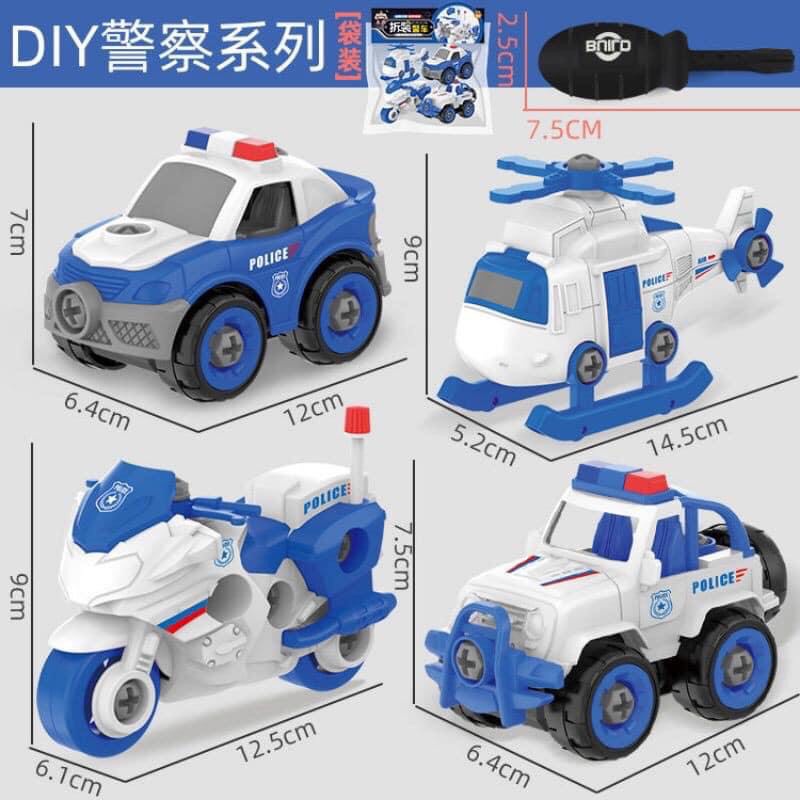 Bộ 4 Xe Cảnh Sát Tháo Lắp Kèm Tua Vít Chất Nhựa ABS Cao Cấp Đồ Chơi Cho Bé Trai Từ 2 Đến 6 Tuổi Hiếu Toys