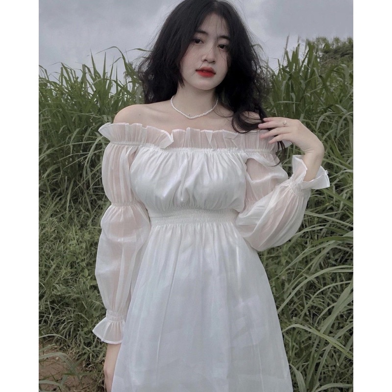 Váy công chúa trễ vai tay bồng bo chun- đầm babydoll tiểu thư trắng chất voan tơ dáng xoè phong cách hàn quôc