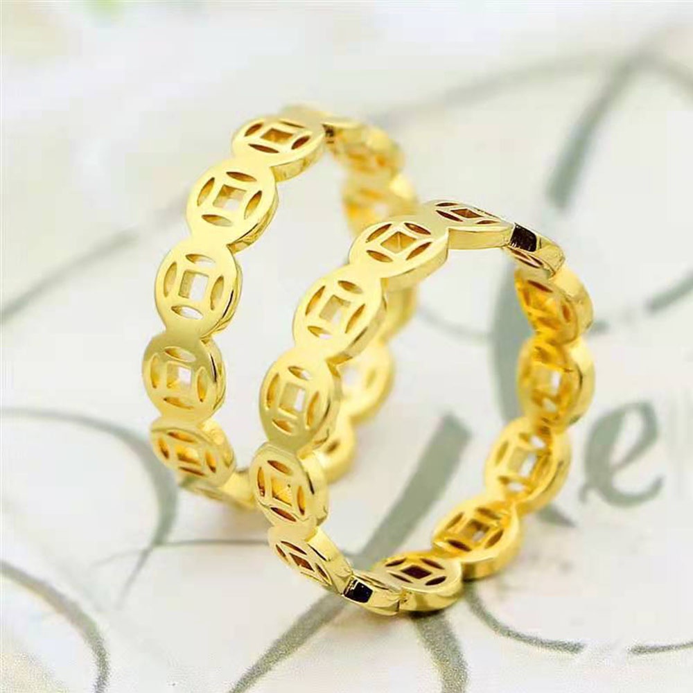 Nhẫn Đeo Tay Khắc Hình Đồng Tiền Bằng Thép Không Gỉ Mạ Vàng Thời Trang