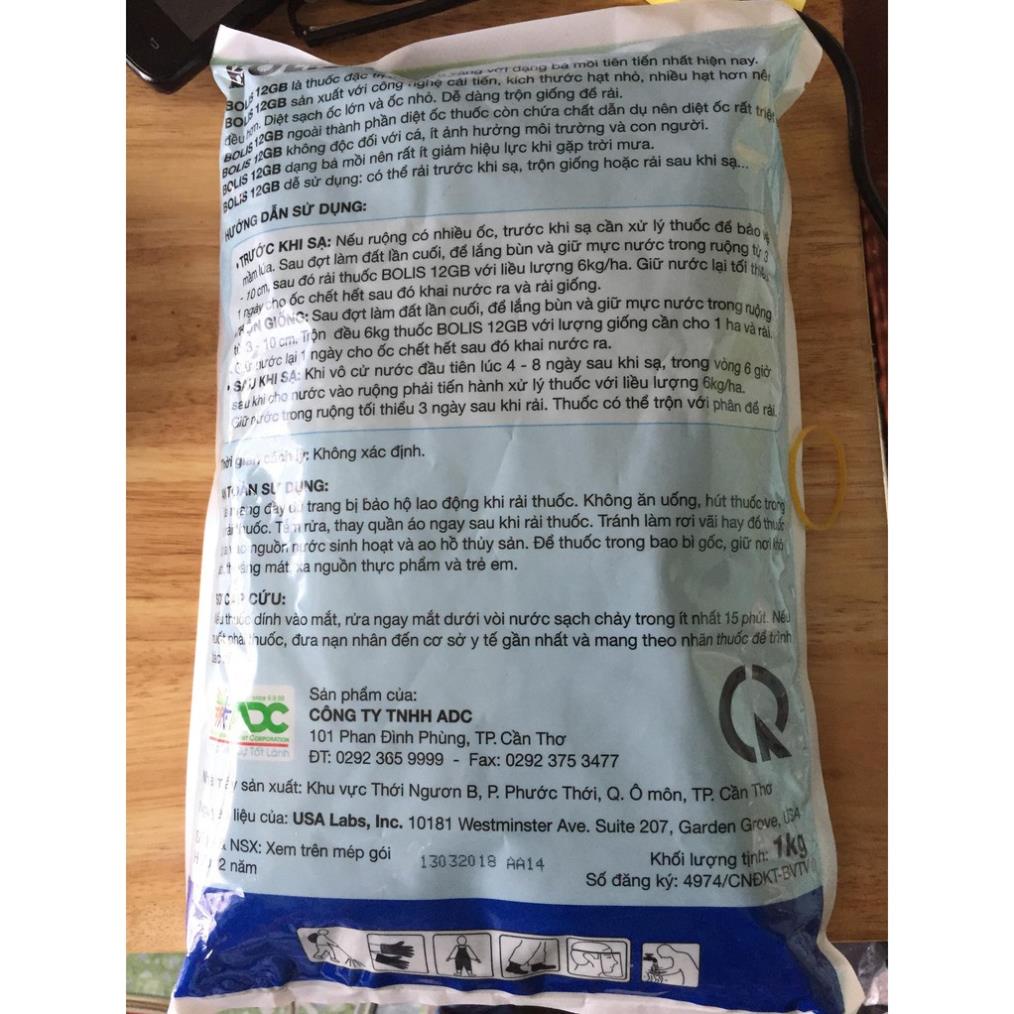 Thuốc trừ ốc Bolis 12GB hạt xanh dẫn dụ nên ốc triệt để.- Gói 1kg