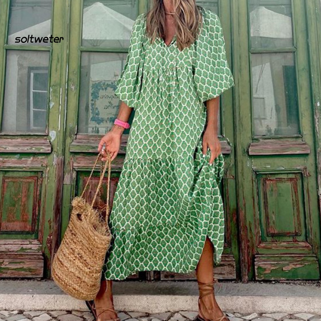 Đầm Maxi Eo Cao In Họa Tiết Phong Cách Boho Cổ Điển Dành Cho Nữ