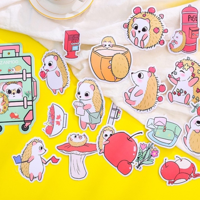 Sticker hình dán họa tiết gấu, nhím, chim cánh cụt dễ thương có bao bì chiếc vali , làm thủ công hình dán cắt sẵn