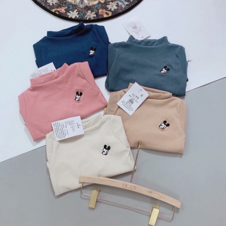 Quần áo thu đông bé trai, bé gái, bộ tăm dài tay mềm mại áo cổ 3p thêu hình Mickey cho bé