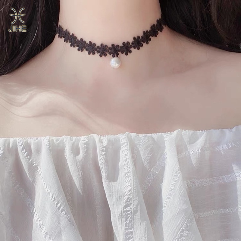 【JIHE】Vòng Cổ choker Phối Ren Đính Ngọc Trai Đen Phong Cách Nhật Hàn Thời Trang