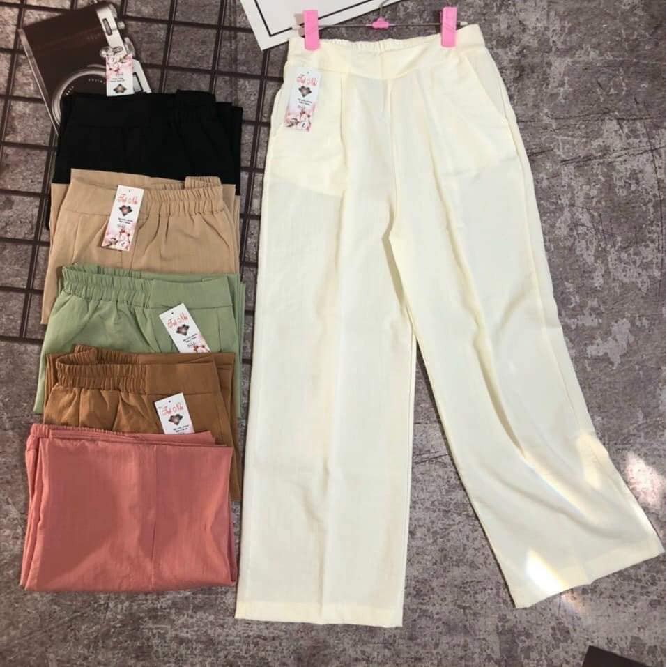 Quần ống rộng, lưng cao cạp chun đính nút vải đủi mềm, mát | BigBuy360 - bigbuy360.vn