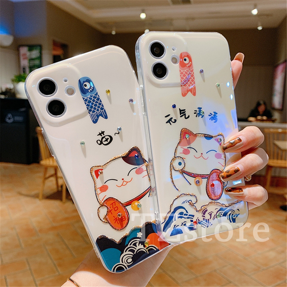 Ốp Lưng Họa Tiết Mèo May Mắn Đính Đá Thời Trang Cho Iphone 12 Mini 12 Pro Max 11 Pro Max X Xs Xr Xsmax 8 7 6 6s Plus Se 2020