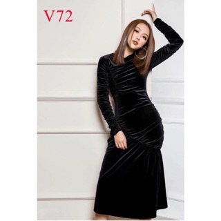 Váy đầm công sở, váy nhung đen dự tiệc body giấu bụng tôn dáng, tay dài cổ tròn Lyly shop