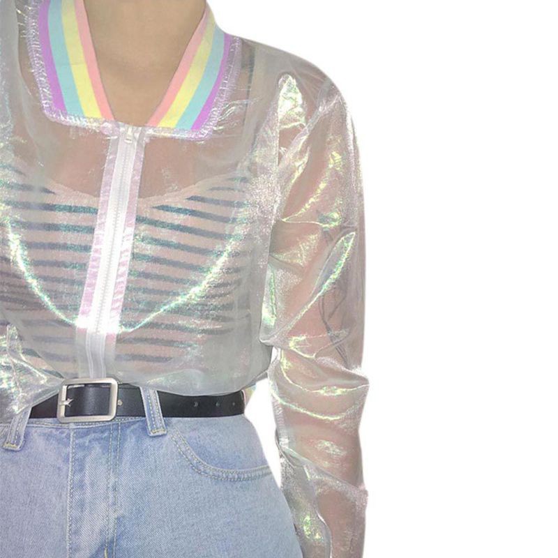 Áo khoác form lửng trong suốt phối cổ tay áo màu cầu vồng cá tính | BigBuy360 - bigbuy360.vn