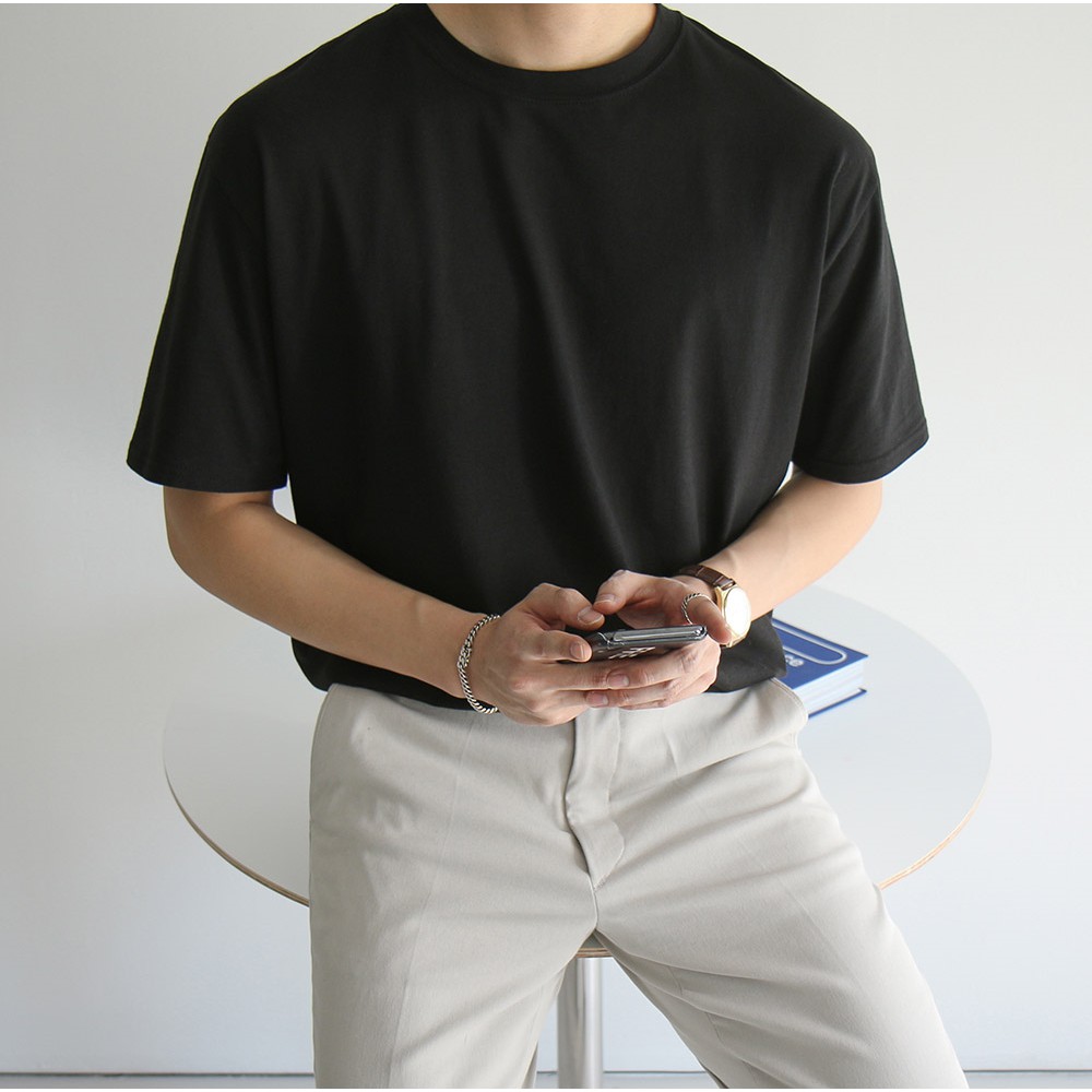 Áo thun nam đen trơn ngắn tay vải cotton cổ bo tròn thương hiệu RYAN form rộng phong cách Hàn Quốc