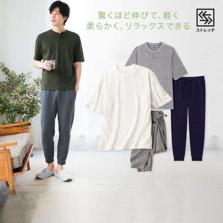 (UNIQLO Nhật chính hãng) Nam - Bộ mặc nhà/ Bộ ngủ nỉ da cá áo cộc tay quần dài co giãn !
