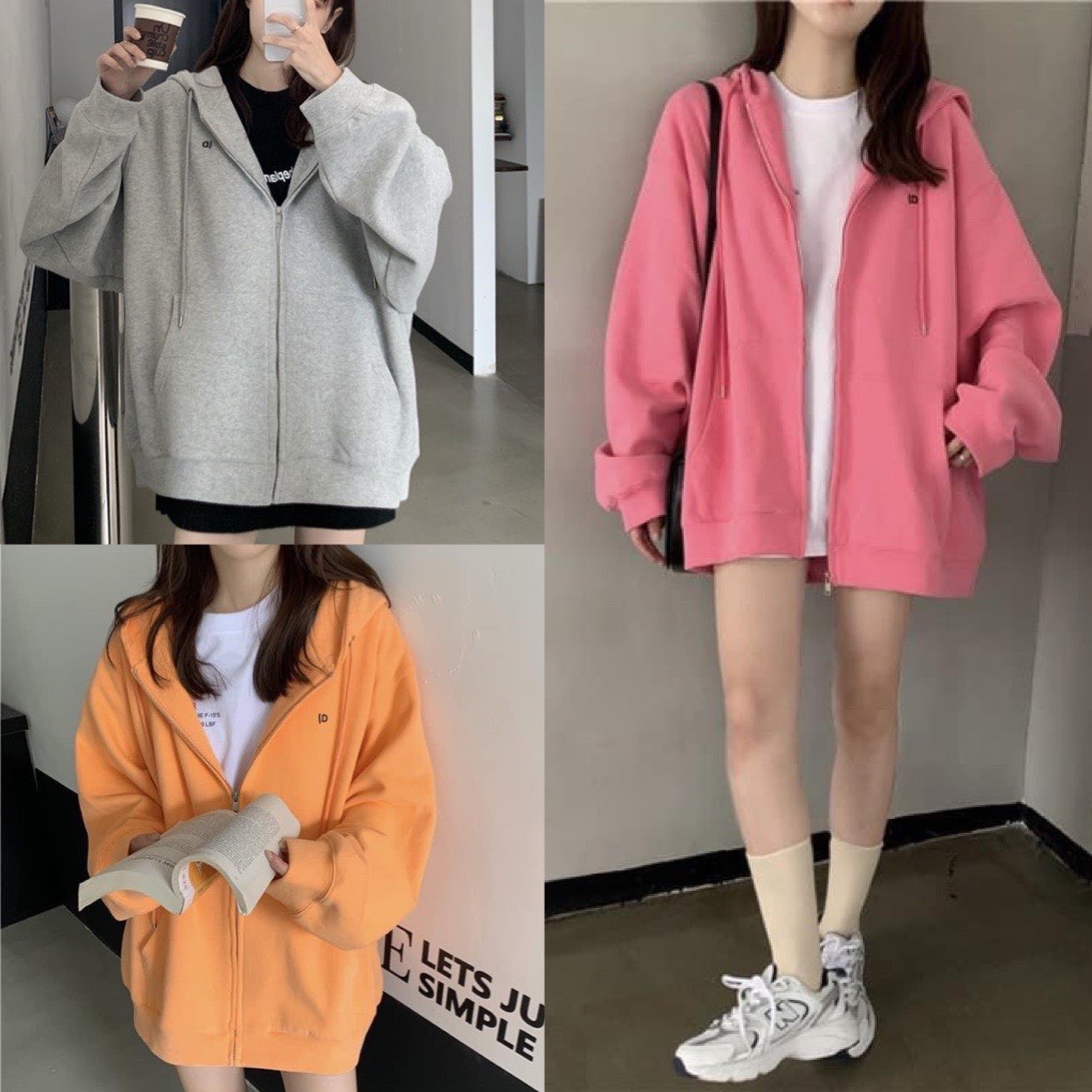 Áo khoác nỉ trơn from rộng UNISEX,áo hoodie kéo khóa OVERSIZE ulzzang màu hồng cam xám cá tính,TONGKHOQUANAONU