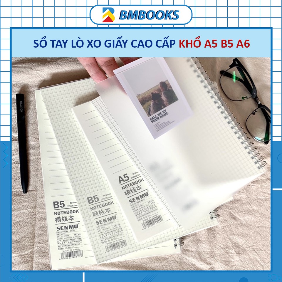 Sổ tay lò xo ghi chép A5 B5 A6 giấy cao cấp Senmu kẻ ngang/caro màu be vintage bảo vệ mắt 100 trang BMbooks