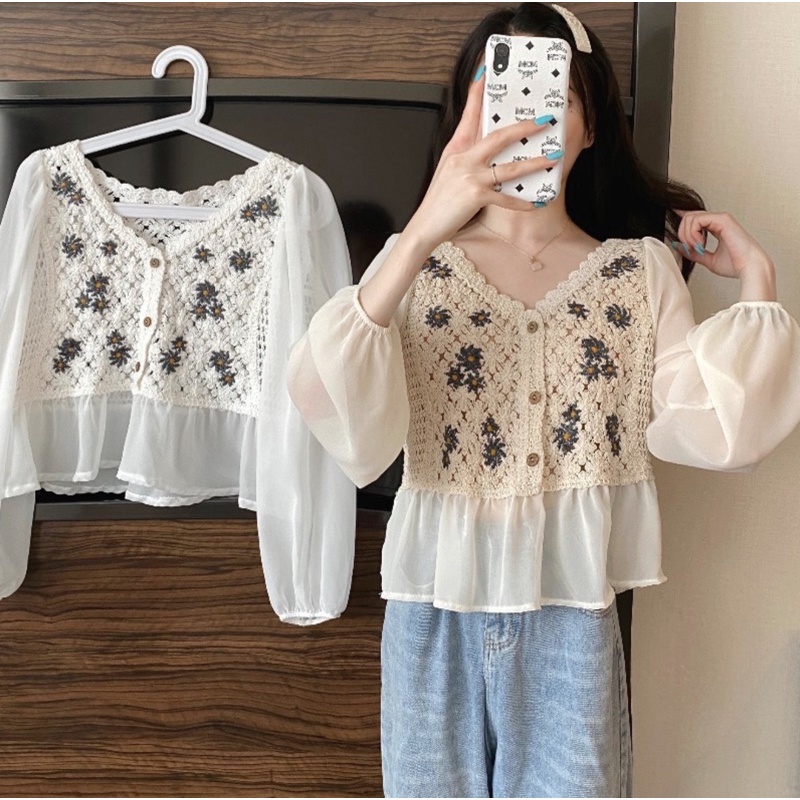 AR/Áo REN NGẮN DẠNG CROPTOP phong cách bohochic xinh xắn thêu hoa vintage dài tay vải voan công chúa sơ mi cúc gỗ