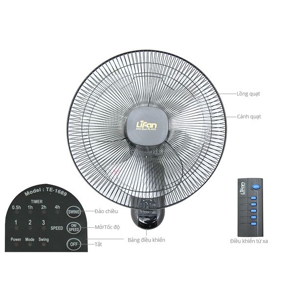 QUẠT TREO TƯỜNG LIFAN TE-1689 có remote  ( hàng chính hãng, mới 100%) bảo hành 12 tháng chuyển hướng gió lên xuống