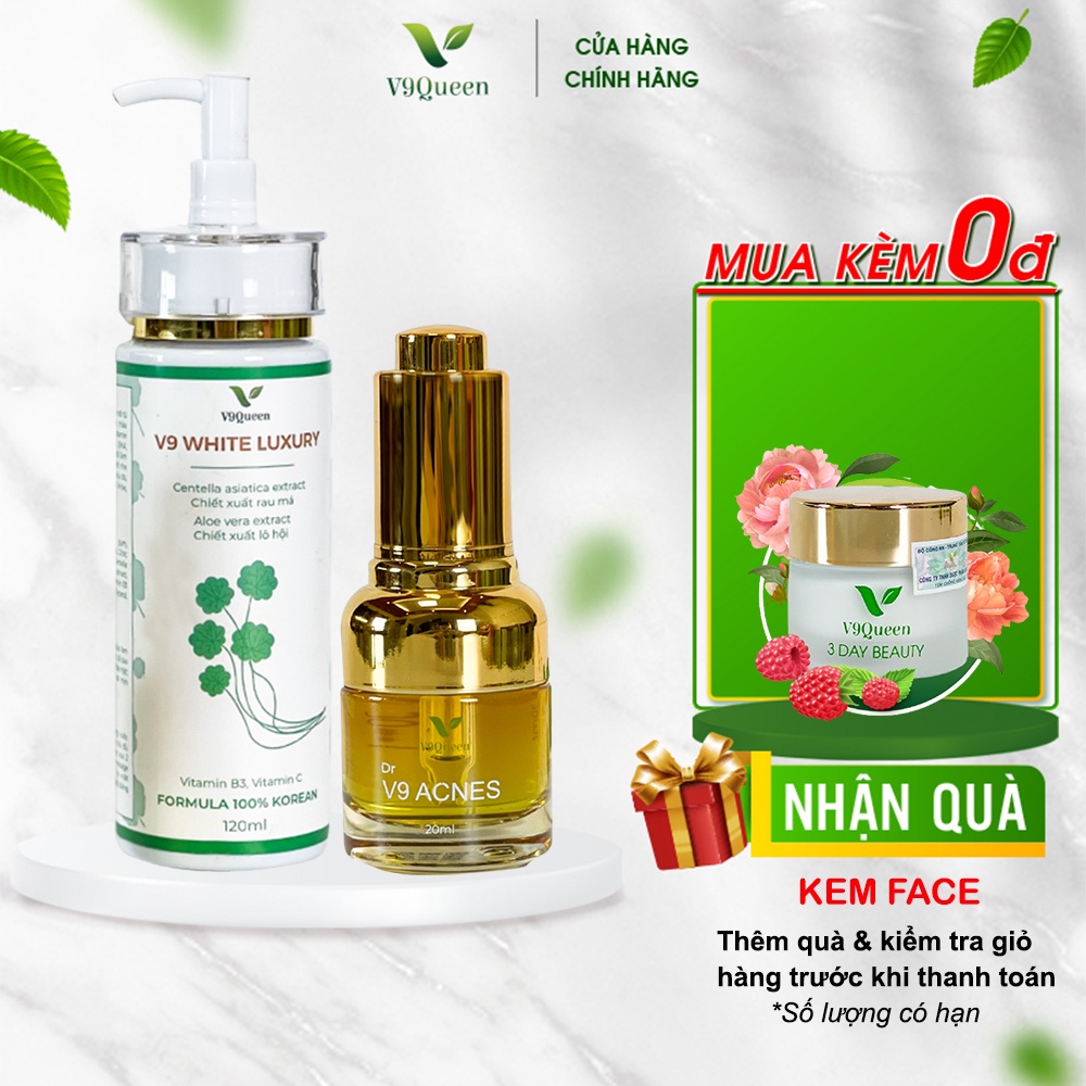 [BỘ ĐÔI] Tinh chất rau má V9Queen, serum giảm mụn 20ml + sữa rửa mặt tạo bọt dịu nhẹ 120ml