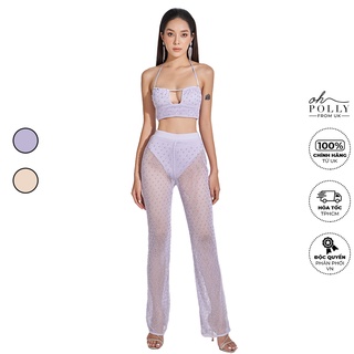 Oh Polly - Set áo croptop cổ yếm và quần dài len móc lưới, đồ nữ sang chảnh