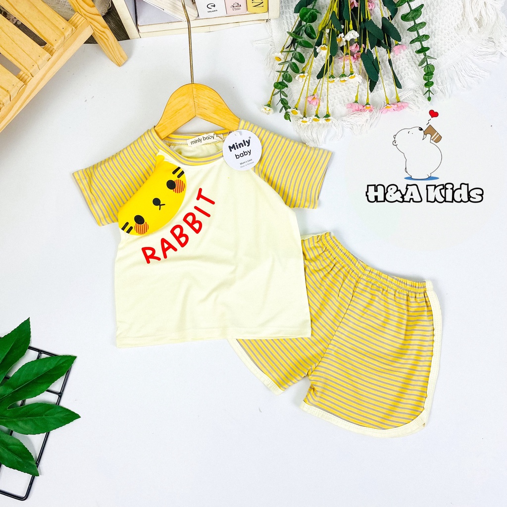 [Bé 7-33kg] Bộ ngắn tay thun lạnh in hình phối tay và quần sọc sệt cho bé trai bé gái từ 7-33kg